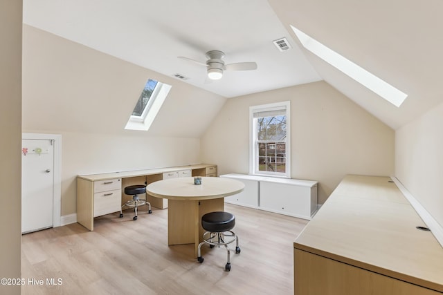 home office with visible vents, light wood-style flooring, and ceiling fan