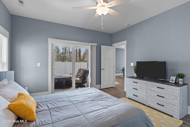 bedroom with ceiling fan, visible vents, baseboards, access to outside, and light wood finished floors