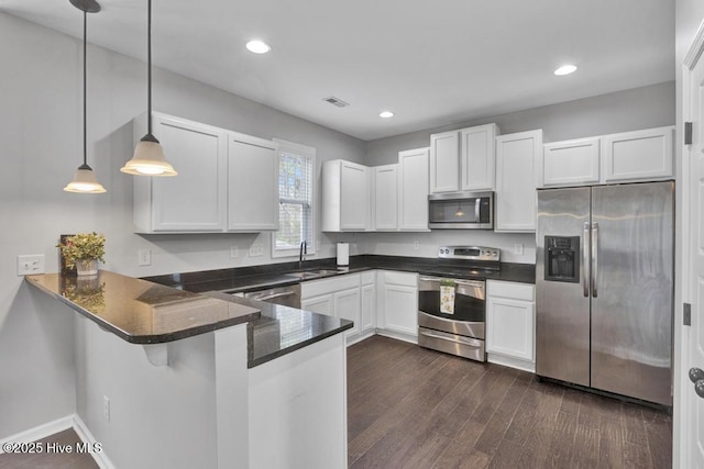 kitchen with dark wood finished floors, stainless steel appliances, white cabinetry, a sink, and a peninsula