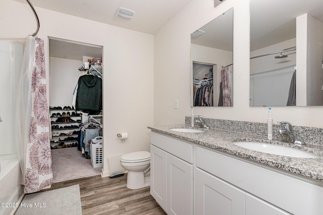 bathroom featuring double vanity, wood finished floors, a sink, and toilet