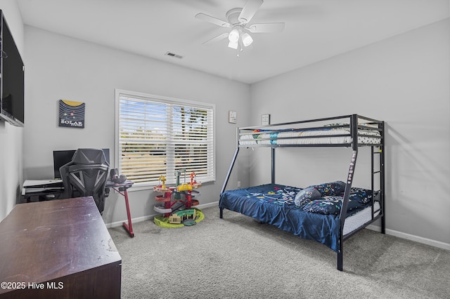 bedroom featuring carpet floors, visible vents, baseboards, and a ceiling fan