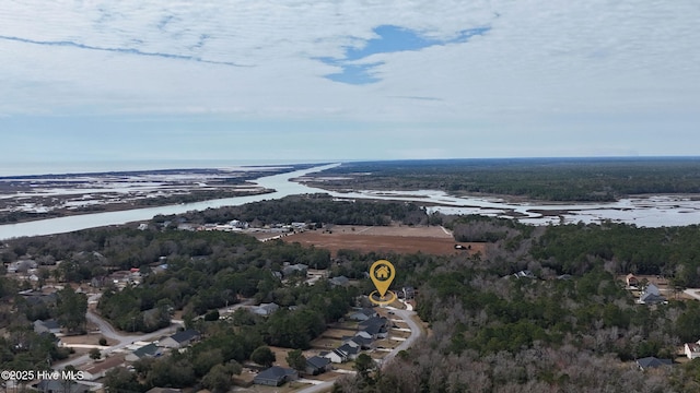 birds eye view of property featuring a water view and a view of trees