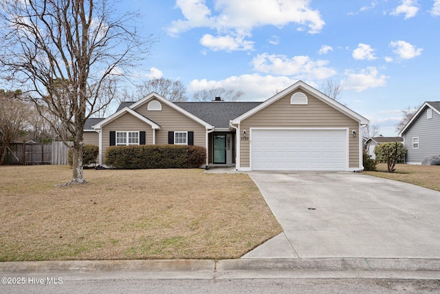 ranch-style home featuring driveway, a garage, roof with shingles, fence, and a front lawn