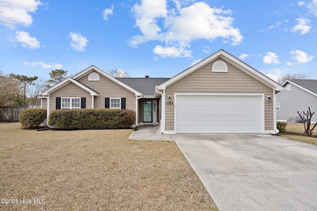 single story home featuring a garage, fence, driveway, roof with shingles, and a front yard