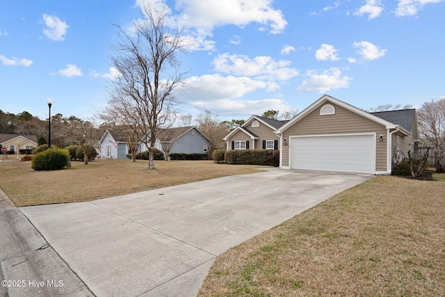 ranch-style home with driveway, a front lawn, and an attached garage