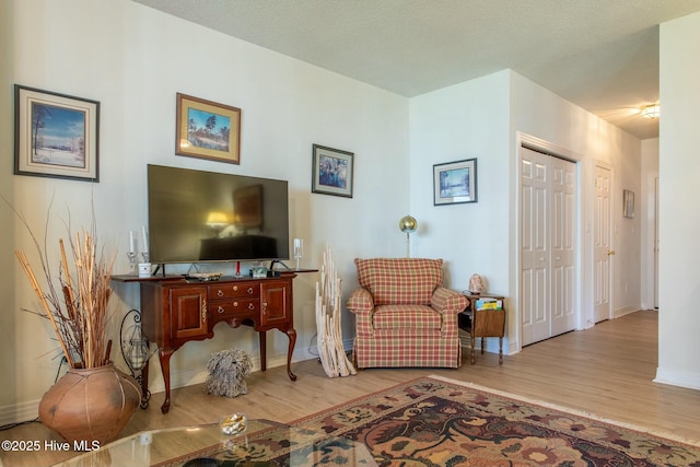 living area with a textured ceiling, baseboards, and wood finished floors