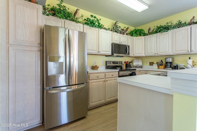 kitchen with a textured ceiling, light wood-style flooring, a sink, light countertops, and appliances with stainless steel finishes