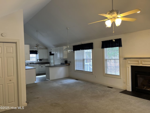 kitchen featuring plenty of natural light, a fireplace with flush hearth, and dark colored carpet