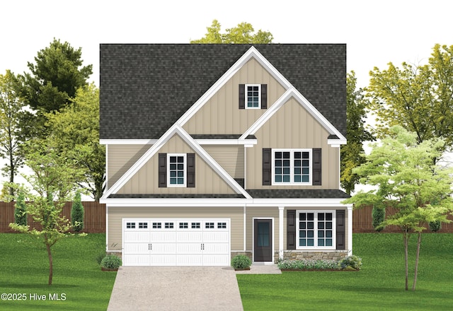 craftsman house featuring board and batten siding, fence, concrete driveway, a front yard, and a garage