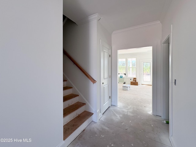 hallway featuring stairway, unfinished concrete flooring, and ornamental molding