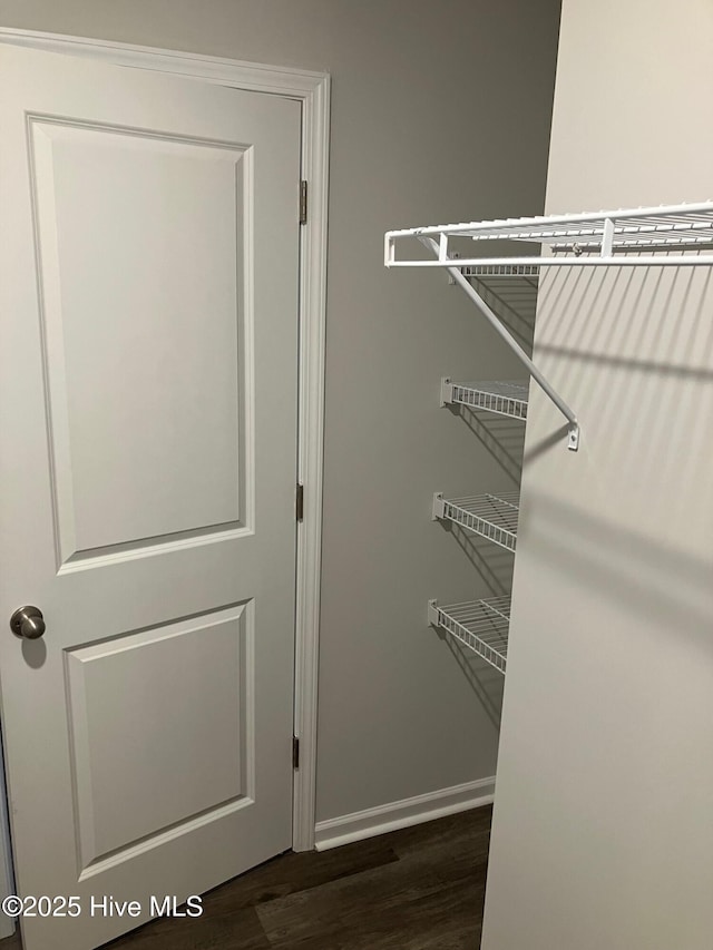 walk in closet featuring dark wood-style flooring