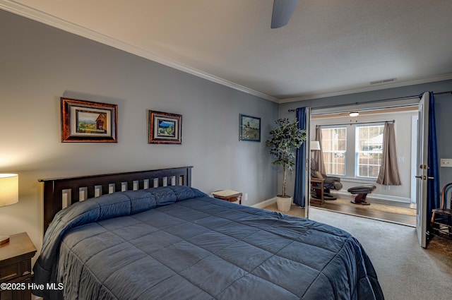 carpeted bedroom featuring baseboards, visible vents, ceiling fan, ornamental molding, and access to outside