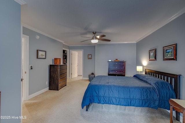 bedroom featuring carpet floors, ornamental molding, and baseboards