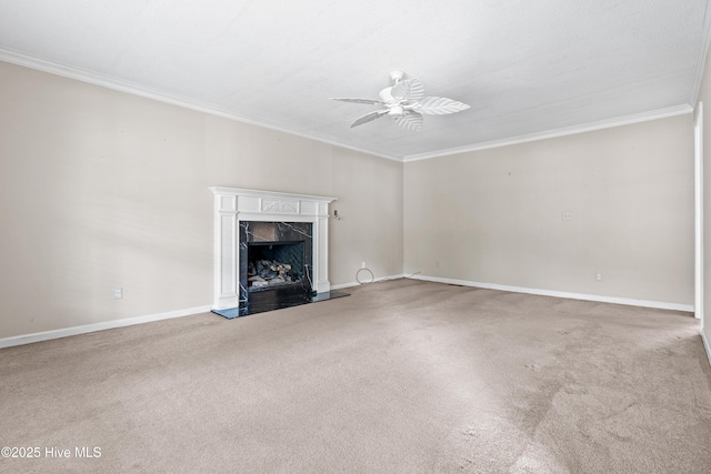 1611 Gores Landing Rd SW ., Unit Ocean Isle Beach, NC 28469 - unfurnished living room with ornamental molding, carpet, baseboards, ceiling fan, and a high end fireplace