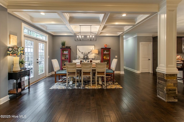 dining space featuring baseboards, coffered ceiling, dark wood-style flooring, and french doors