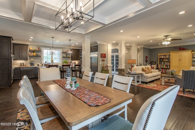 dining room with ceiling fan, dark wood-style flooring, coffered ceiling, and ornate columns