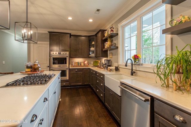 kitchen with dark brown cabinetry, appliances with stainless steel finishes, ornamental molding, light countertops, and open shelves