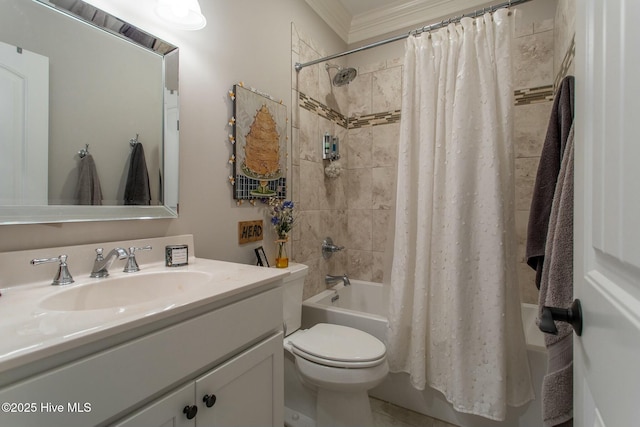 full bath with toilet, shower / bath combo with shower curtain, and vanity