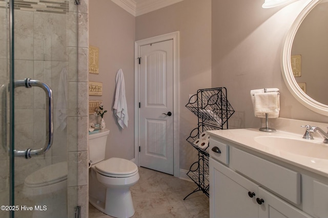 full bath with ornamental molding, a stall shower, vanity, and toilet