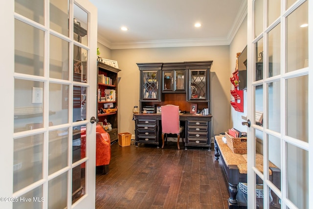 home office featuring dark wood-style floors, recessed lighting, french doors, and ornamental molding