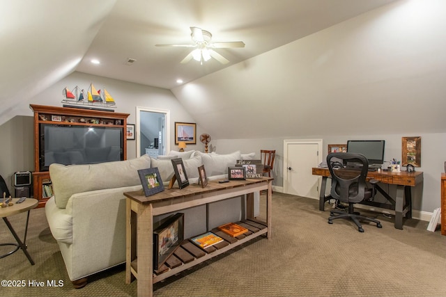 office space with carpet, lofted ceiling, recessed lighting, a ceiling fan, and baseboards