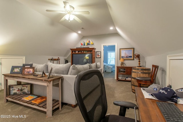 interior space featuring recessed lighting, visible vents, and vaulted ceiling