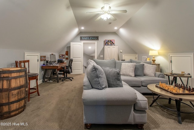 living area with light carpet, ceiling fan, vaulted ceiling, and recessed lighting