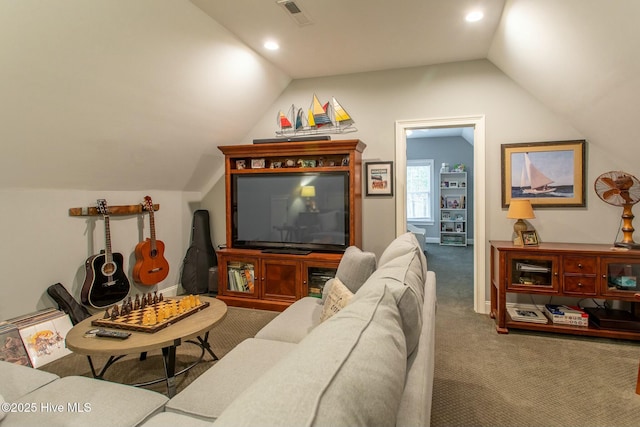 living room featuring carpet floors, recessed lighting, visible vents, vaulted ceiling, and baseboards