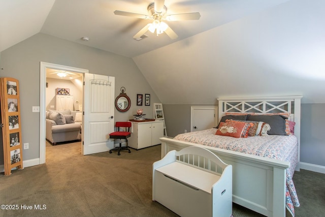 carpeted bedroom featuring ceiling fan, visible vents, vaulted ceiling, and baseboards