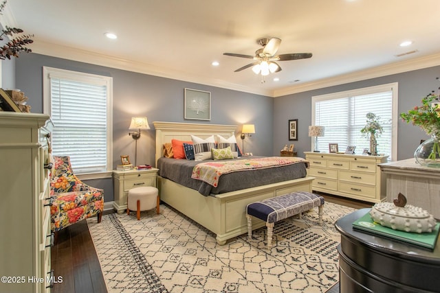 bedroom featuring light wood-type flooring, baseboards, ornamental molding, and recessed lighting