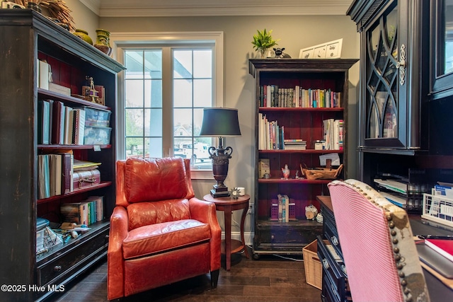 office featuring crown molding and wood finished floors