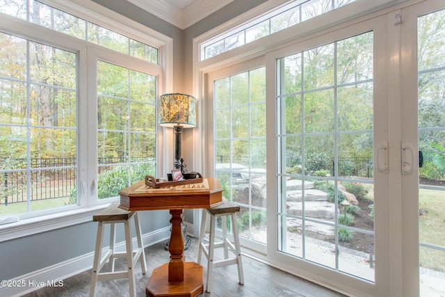 doorway to outside featuring ornamental molding, wood finished floors, a wealth of natural light, and baseboards