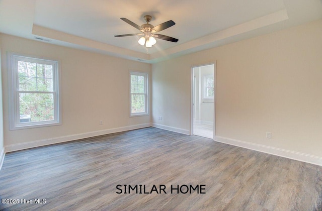 empty room with wood finished floors, a raised ceiling, and a wealth of natural light