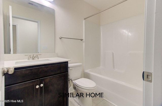 full bathroom with shower / bath combination, visible vents, toilet, vanity, and tile patterned flooring