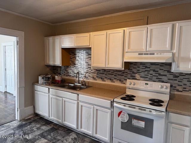 kitchen with under cabinet range hood, a sink, white cabinets, ornamental molding, and white range with electric stovetop