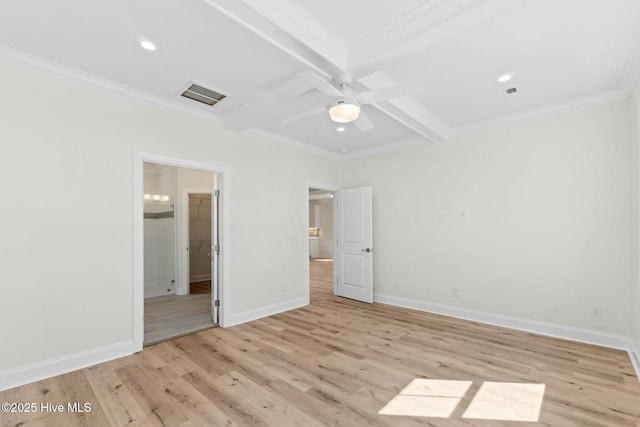 7103 E Yacht Dr, Oak Island, NC 28465 - unfurnished bedroom featuring visible vents, baseboards, beam ceiling, ornamental molding, and light wood-style floors