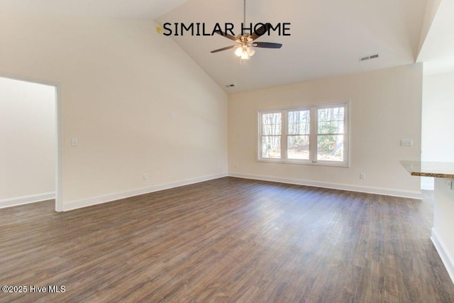 unfurnished living room featuring visible vents, baseboards, a ceiling fan, dark wood-style floors, and high vaulted ceiling