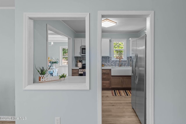 interior space with a sink, light wood-type flooring, and crown molding