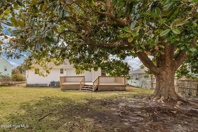 rear view of property featuring crawl space, a lawn, a deck, and fence