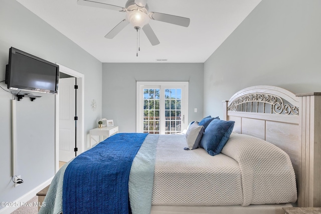 bedroom featuring visible vents, access to exterior, and a ceiling fan