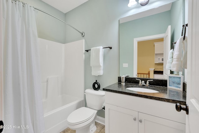 bathroom featuring vanity, toilet, shower / bathtub combination with curtain, and tile patterned flooring