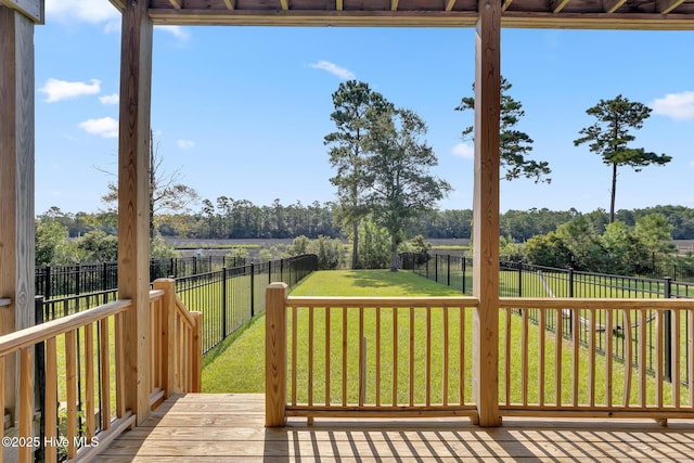 wooden terrace featuring a yard and a fenced backyard