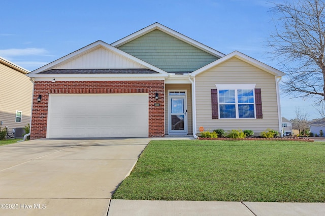 single story home with a shingled roof, an attached garage, brick siding, a front yard, and driveway