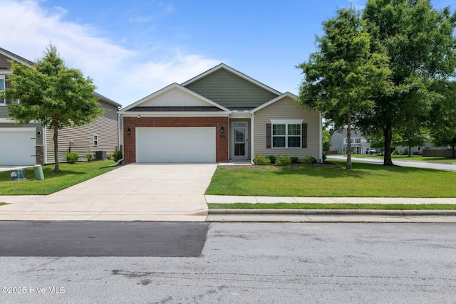 400 Frida Rd, New Bern, NC 28560 - view of front facade featuring brick siding, an attached garage, a front yard, concrete driveway, and central air condition unit