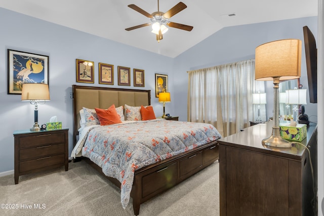 400 Frida Rd, New Bern, NC 28560 - bedroom with lofted ceiling, light colored carpet, baseboards, and a ceiling fan