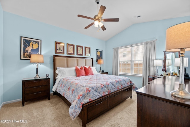 400 Frida Rd, New Bern, NC 28560 - bedroom featuring light carpet, vaulted ceiling, ceiling fan, and baseboards