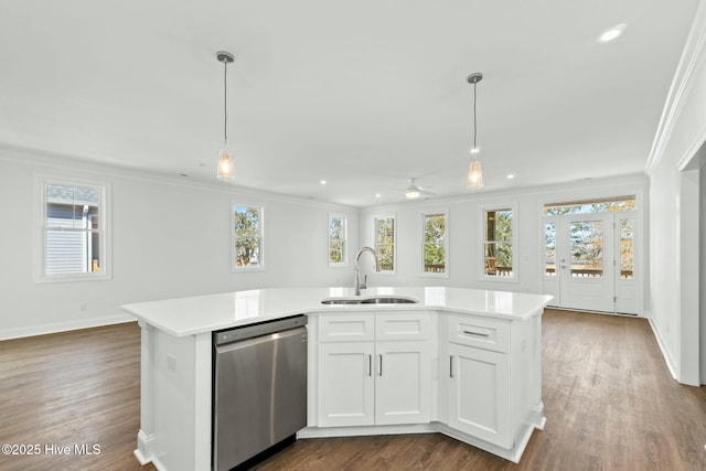 7105 E Yacht Dr, Oak Island, NC 28465 - kitchen featuring ornamental molding, dishwasher, light countertops, and a sink