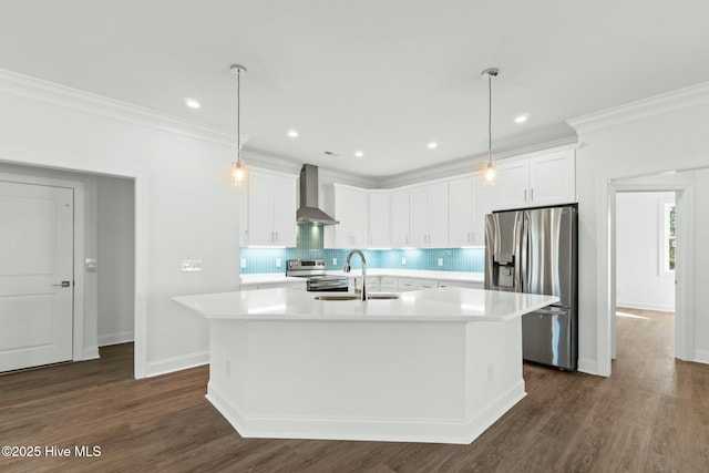 7105 E Yacht Dr, Oak Island, NC 28465 - kitchen with a sink, stainless steel appliances, light countertops, crown molding, and wall chimney exhaust hood