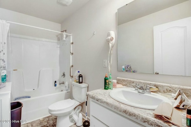 full bathroom with toilet, shower / bath combo with shower curtain, and vanity