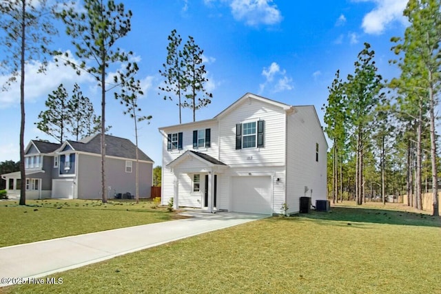 view of front of home featuring driveway, a garage, central AC unit, and a front yard